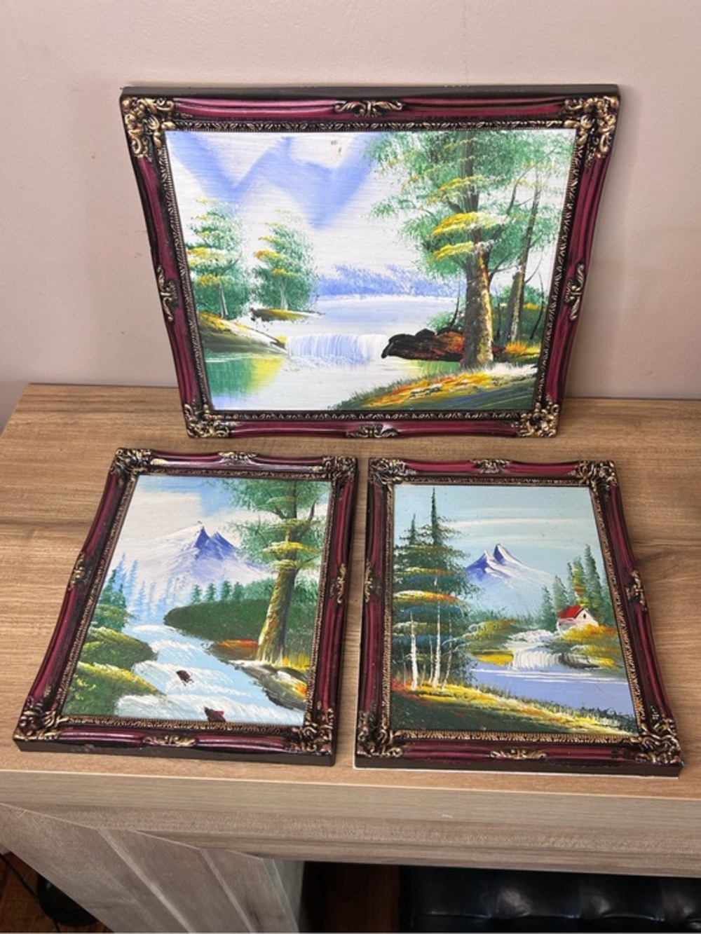 Vintage Green, Blue, White Landscape Trio oil Painting Set